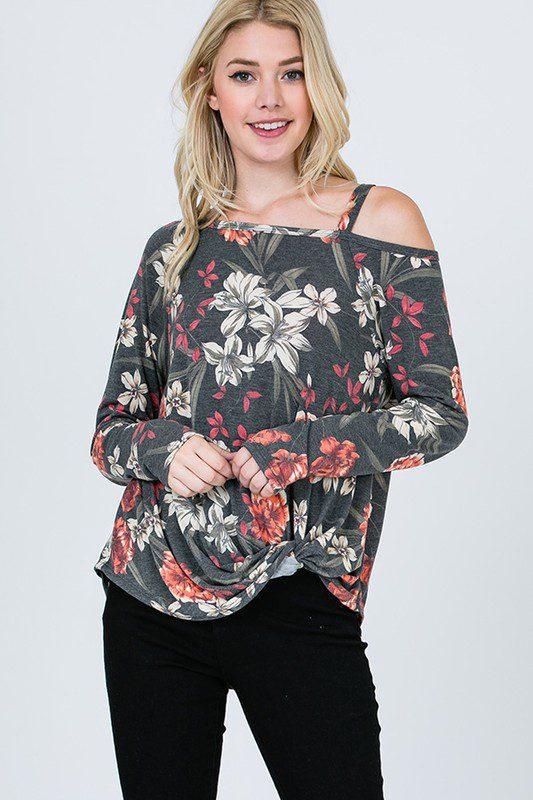 Image: One Shoulder Top with Side Knot Grey | Southern Sassy Boutique