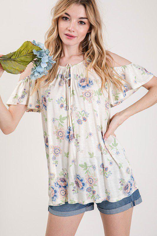 Image: Floral Open Shoulder Top Blue | Southern Sassy Boutique