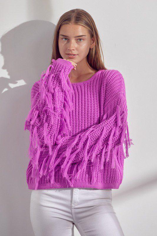 Image: Fringe Crop Sweater Electric Orchid | Southern Sassy Boutique