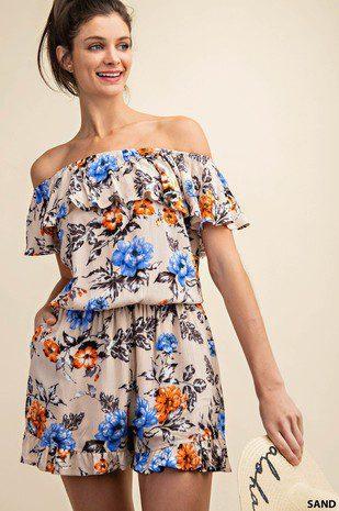 Image: Floral Printed Romper Sand | Southern Sassy Boutique