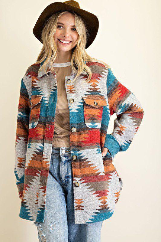Image: Aztec Tribal Button Down Jacket Teal Mix | Southern Sassy Boutique