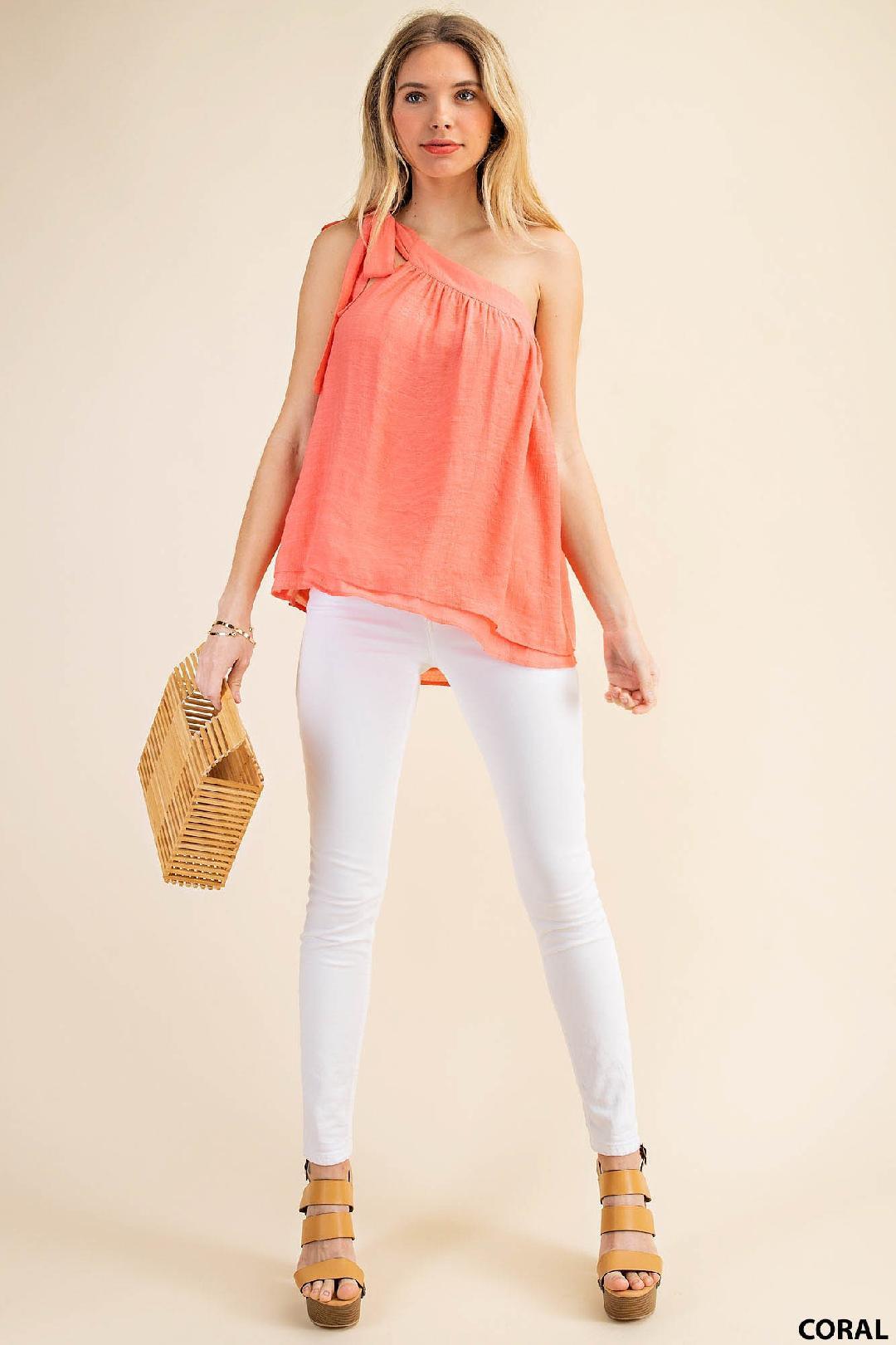 Image: One Shoulder Bow Tie Top Coral | Southern Sassy Boutique