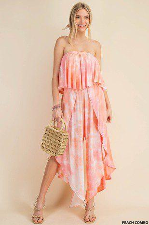 Image: Off the Shoulders Jumpsuit Peach Combo | Southern Sassy Boutique