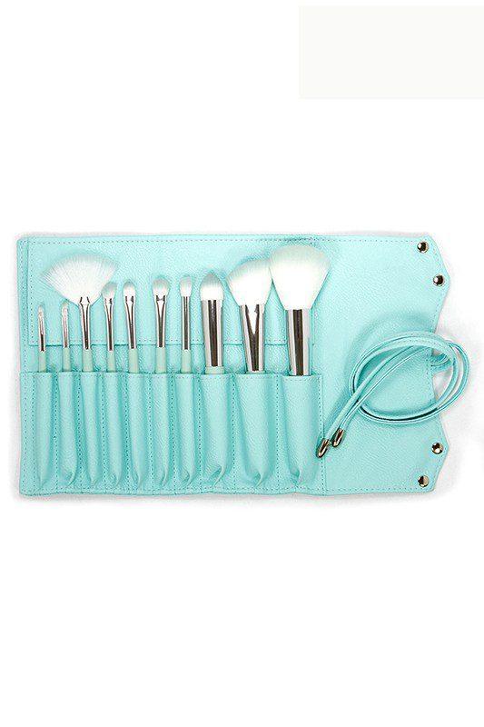 Image: 10 pc Essential makeup Brush set with Travel Friendly Pouch. Mint | Southern Sassy Boutique