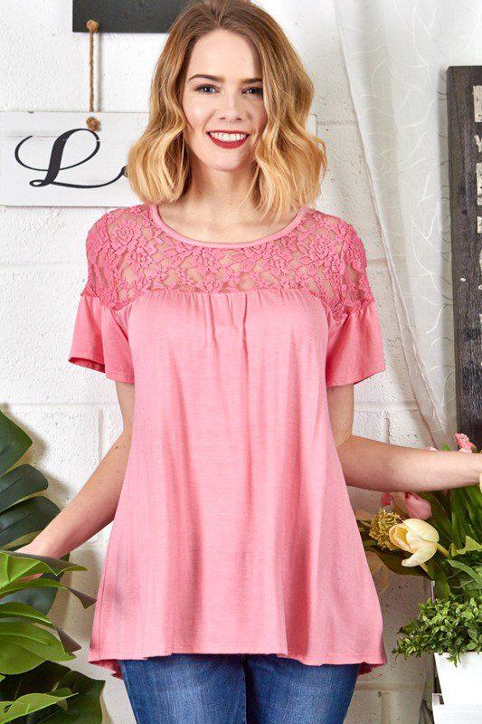 Image: Short Sleeve Lace Top Pink | Southern Sassy Boutique