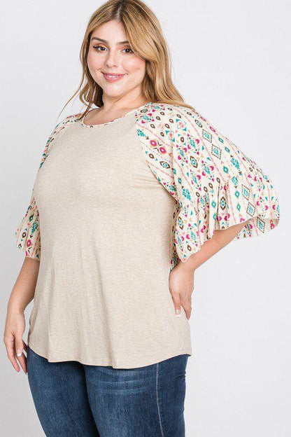 Image: Patch Print Ruffle Knit Top Taupe | Southern Sassy Boutique