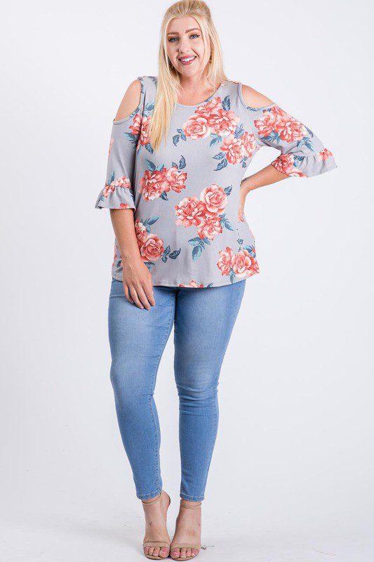 Image: Floral Print Cold Shoulder Knit Top Grey | Southern Sassy Boutique