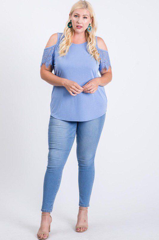 Image: Cold Shoulder Top with Lace Detail Blue | Southern Sassy Boutique