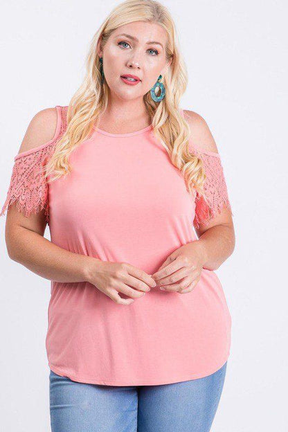 Image: Cold Shoulder Top with Lace Detail Coral | Southern Sassy Boutique