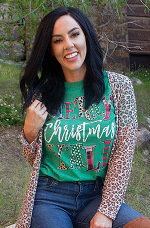 Image: Patterned Merry Christmas Y'all Tee. Green | Southern Sassy Boutique