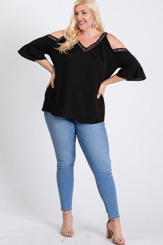 Image: Cold Shoulder Embroidery Top Black | Southern Sassy Boutique