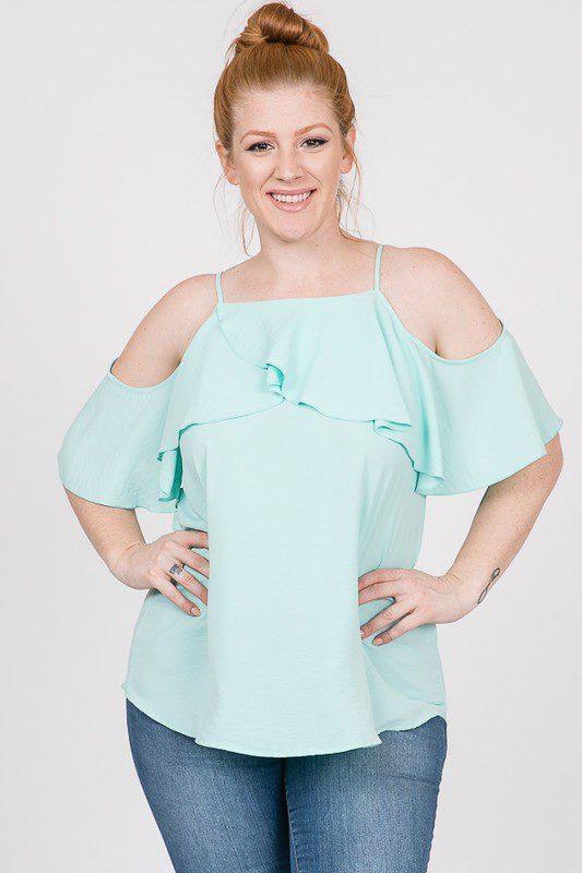 Image: Cold Shoulder Ruffle Top Aqua | Southern Sassy Boutique