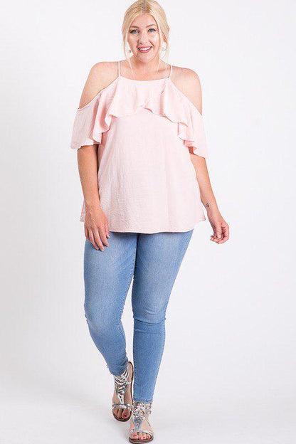 Image: Cold Shoulder Ruffle Top Blush | Southern Sassy Boutique