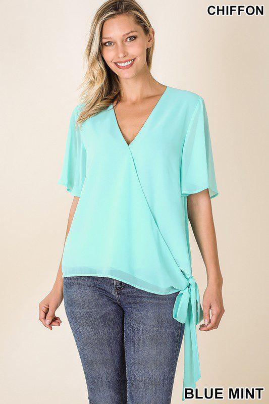 Image: Chiffon Top with Side Tie Blue Mint | Southern Sassy Boutique