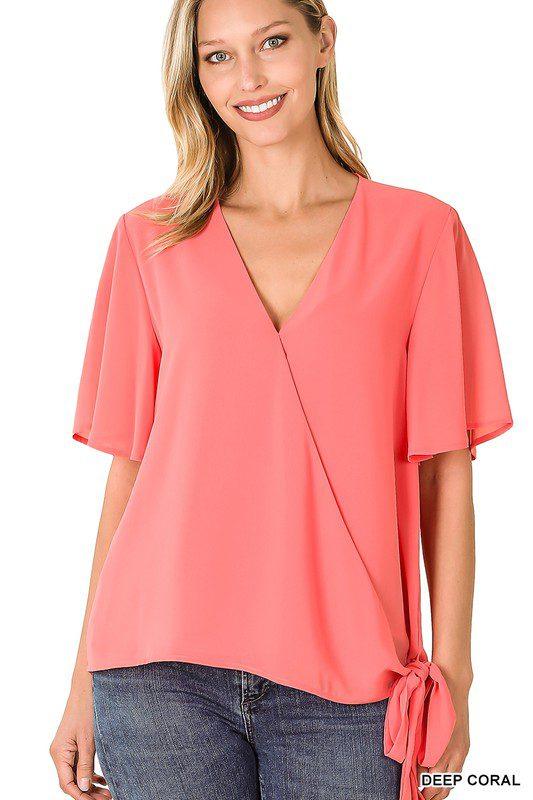 Image: Chiffon Top with Side Tie Deep Coral | Southern Sassy Boutique