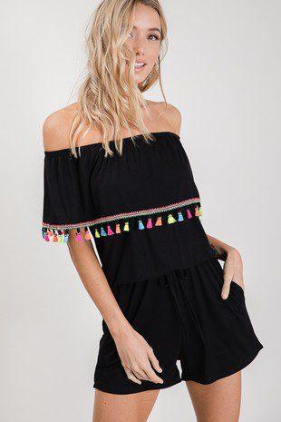 Image: Fringe Trim Romper Black | Southern Sassy Boutique