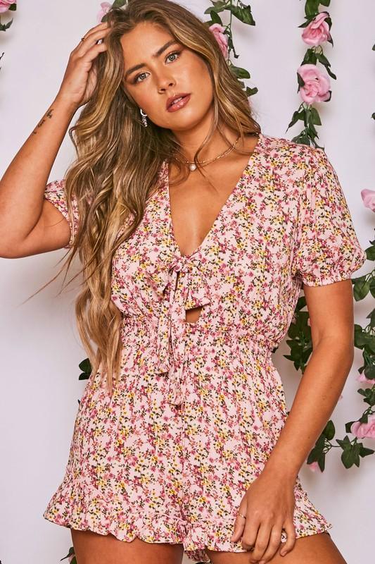 Image: Floral Print Bow Romper Blush | Southern Sassy Boutique