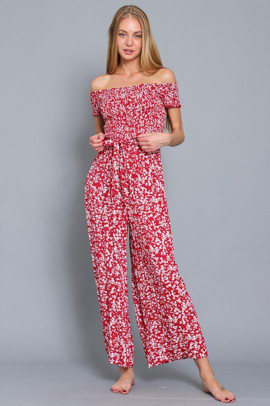 Floral Off Shoulder Jumpsuit, Bleted Tie - Southern Sassy Boutique