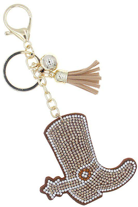 Image: Brown Crystal Cowboy Boot Puffy Key Chain  | Southern Sassy Boutique