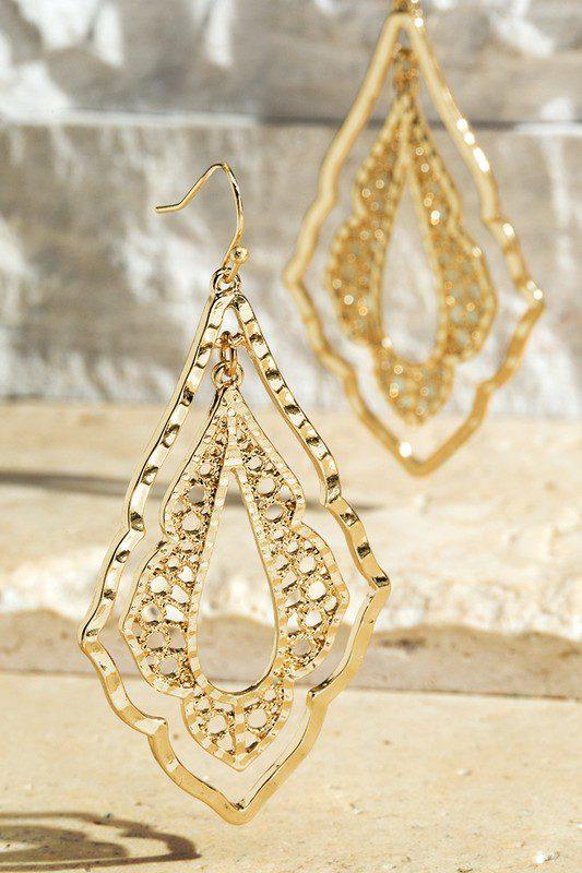 Image: Double Diamond Shape Filigree Drop Earrings Gold | Southern Sassy Boutique