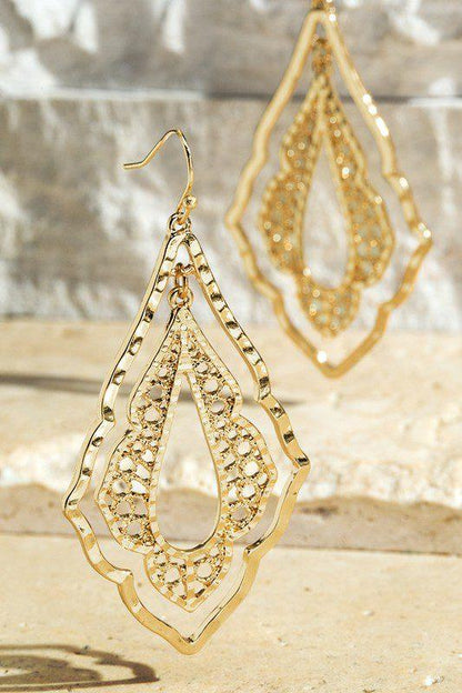 Image: Double Diamond Shape Filigree Drop Earrings Gold | Southern Sassy Boutique