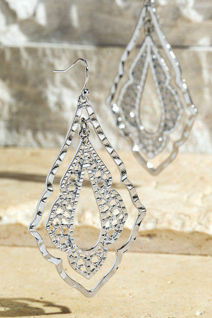 Image: Double Diamond Shape Filigree Drop Earrings Silver | Southern Sassy Boutique