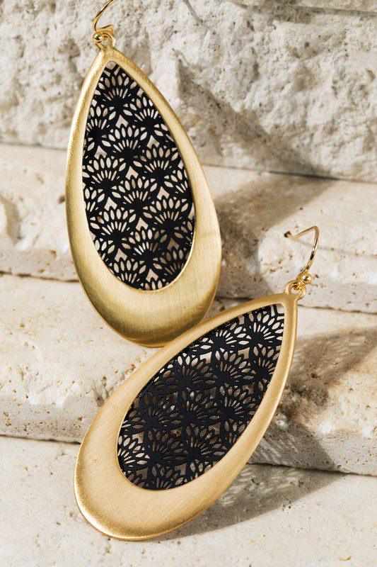 Image: Brass Filigree Teardrop Earrings Gold Black | Southern Sassy Boutique