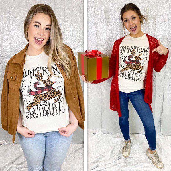 Image: Run Run Rudolph Christmas Tee. Cream | Southern Sassy Boutique