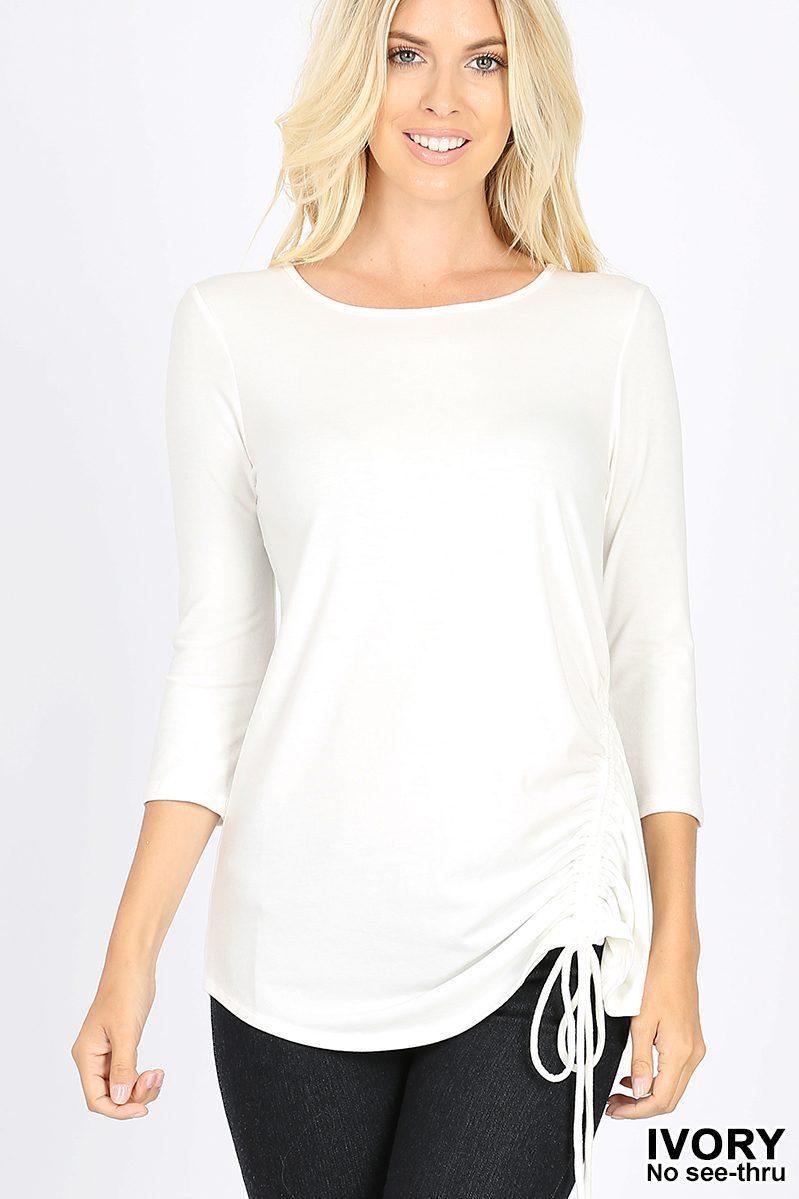 Image: 3/4 Sleeve Top with Side Tie Ivory | Southern Sassy Boutique