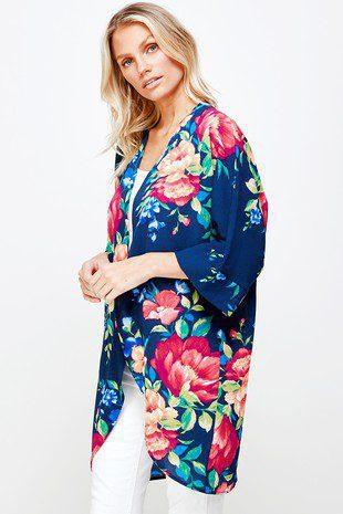 Image: Casual Floral Kimono Navy/Coral | Southern Sassy Boutique