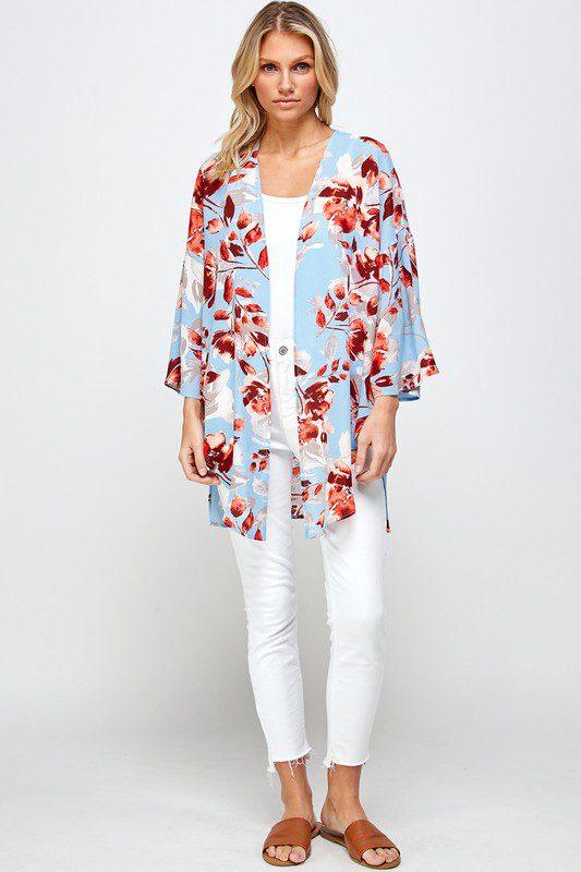 Image: Casual Floral Kimono Baby Blue/Peach | Southern Sassy Boutique