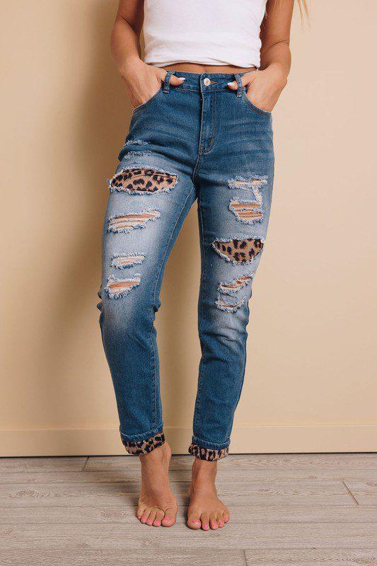 Image: Distressed Animal Print Denim Jeans Multi Dark Denim | Southern Sassy Boutique