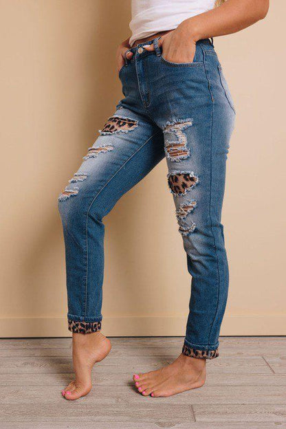 Distressed Animal Print Denim Jeans - Southern Sassy Boutique