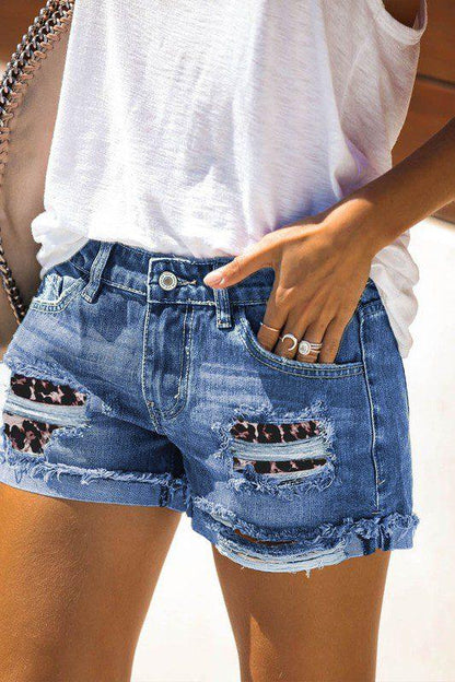 Distressed Animal Print Denim Shorts - Southern Sassy Boutique