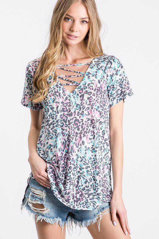 Image: Animal Print V-Neck Criss Cross Detail Pink | Southern Sassy Boutique