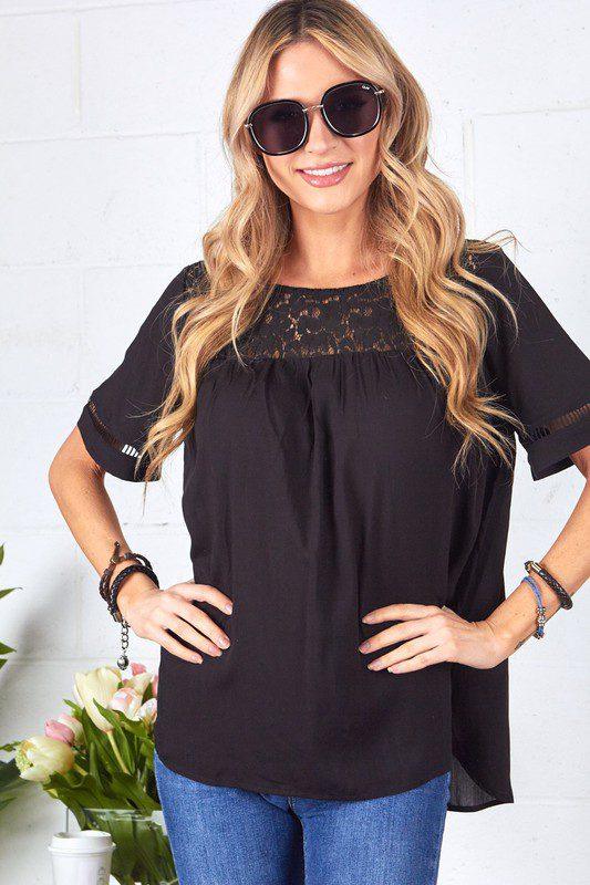 Image: Chiffon Top With Lace Detail Black | Southern Sassy Boutique