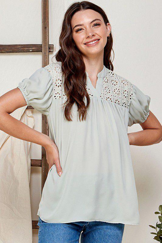 Image: Embroidered Woven Top Sage | Southern Sassy Boutique