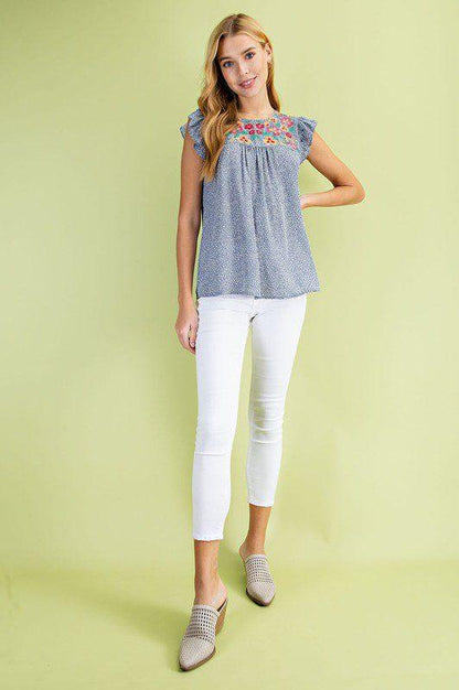 Blue Flower Embroidered Top - Southern Sassy Boutique