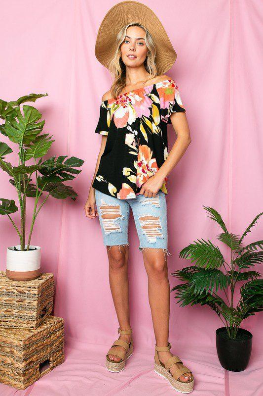 Image: Flower Print Off Shoulder Top Black | Southern Sassy Boutique