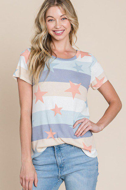 Image: Star Print Knit Top Blue | Southern Sassy Boutique