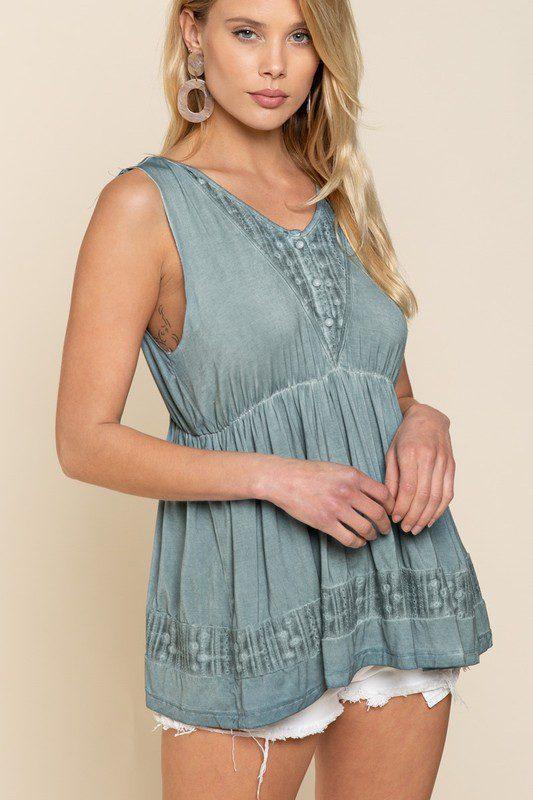 Image: Soft Babydoll Woven Top Blue Sage | Southern Sassy Boutique