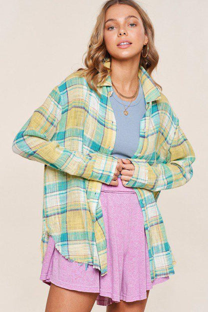 Button Down Linen Feel Flannel Top - Southern Sassy Boutique