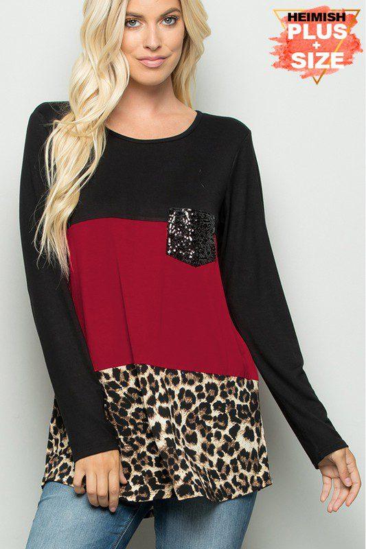 Image: Solid And Animal Print Sequins Knit Top Black Burgundy | Southern Sassy Boutique