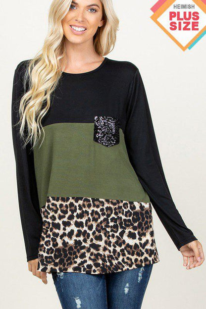 Solid And Animal Print Sequins Knit Top - Southern Sassy Boutique