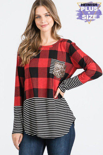 Image: Buffalo Plaid Stripe Lonf Sleeve Top Black Red | Southern Sassy Boutique