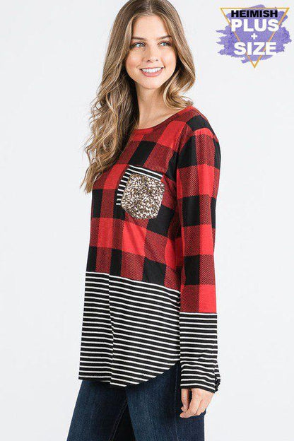 Buffalo Plaid Stripe Long Sleeve Top - Southern Sassy Boutique