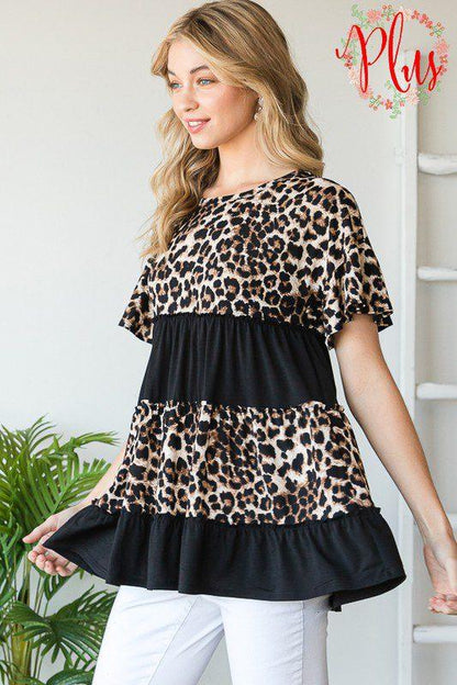 Leopard And Solid Ruffle Knit Top - Southern Sassy Boutique