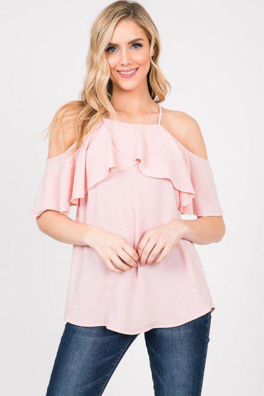 Image: Cold Shoulder Ruffle Top Blush | Southern Sassy Boutique