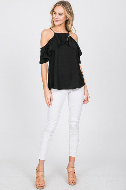 Image: Cold Shoulder Ruffle Top Black | Southern Sassy Boutique