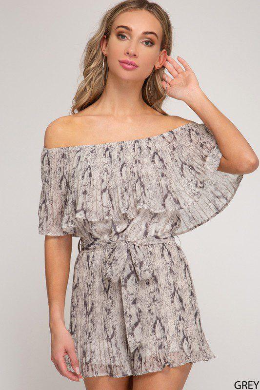 Image: OFF THE SHOULDER WOVEN ANIMAL PRINT PLEATED ROMPER 100% POLYESTER Gray | Southern Sassy Boutique